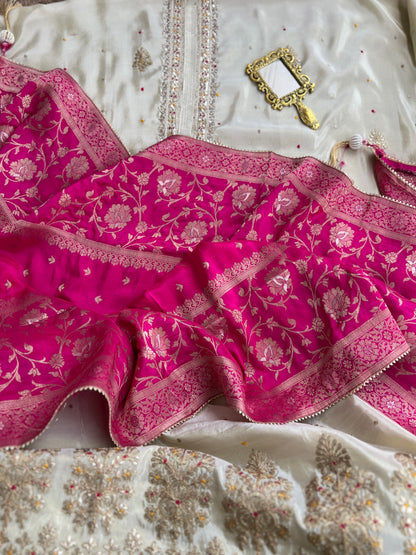 Ivory Shimmer Silk Suit with Hand Embroidery & Contrasting Dola Banarasi Dupatta