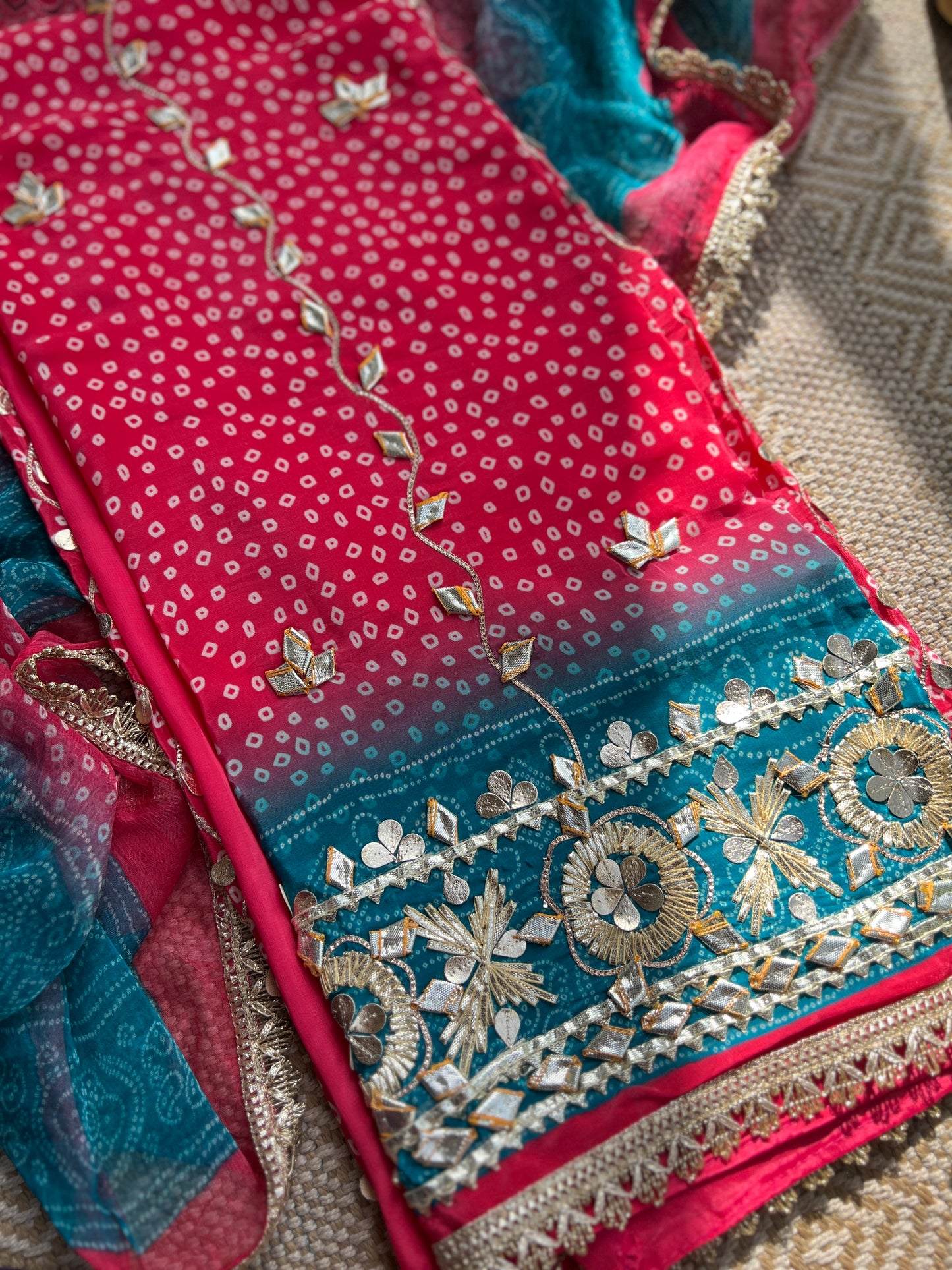 Elegant Crepe Bandhani Suit with Gotapatti Neck & Lace-Accented Chiffon Dupatta