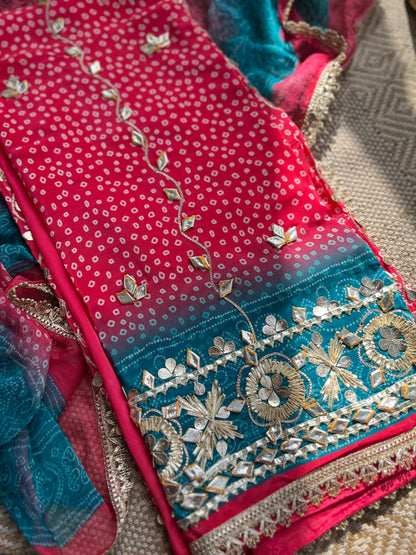 Elegant Crepe Bandhani Suit with Gotapatti Neck & Lace-Accented Chiffon Dupatta