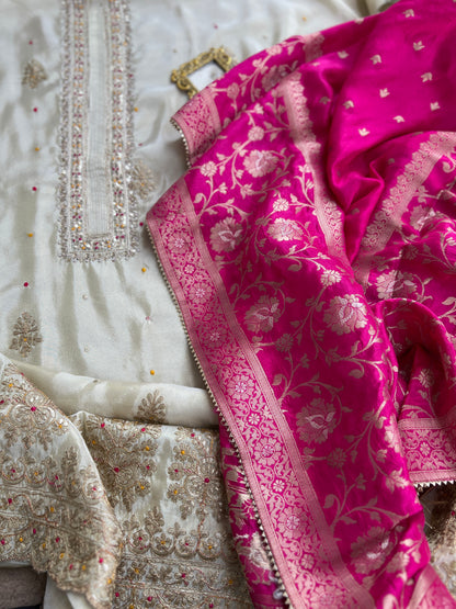Ivory Shimmer Silk Suit with Hand Embroidery & Contrasting Dola Banarasi Dupatta