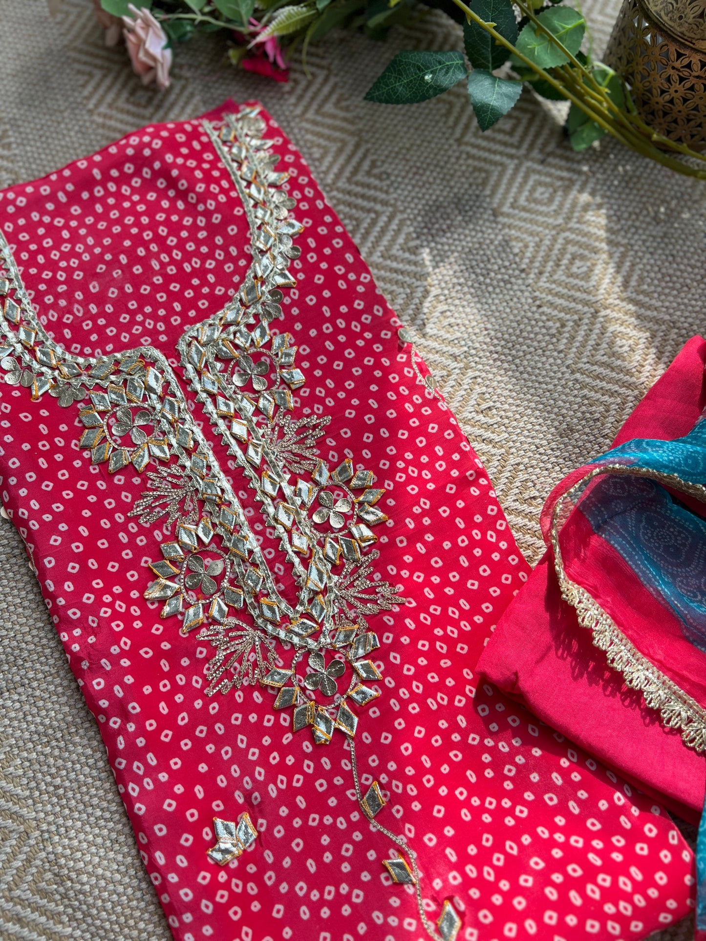 Elegant Crepe Bandhani Suit with Gotapatti Neck & Lace-Accented Chiffon Dupatta
