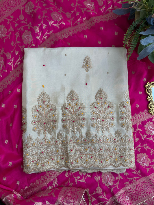 Ivory Shimmer Silk Suit with Hand Embroidery & Contrasting Dola Banarasi Dupatta