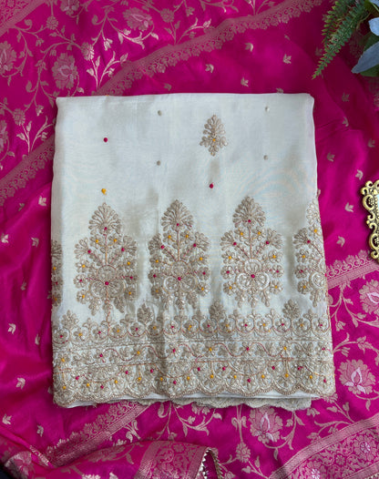 Ivory Shimmer Silk Suit with Hand Embroidery & Contrasting Dola Banarasi Dupatta