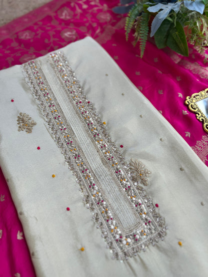 Ivory Shimmer Silk Suit with Hand Embroidery & Contrasting Dola Banarasi Dupatta