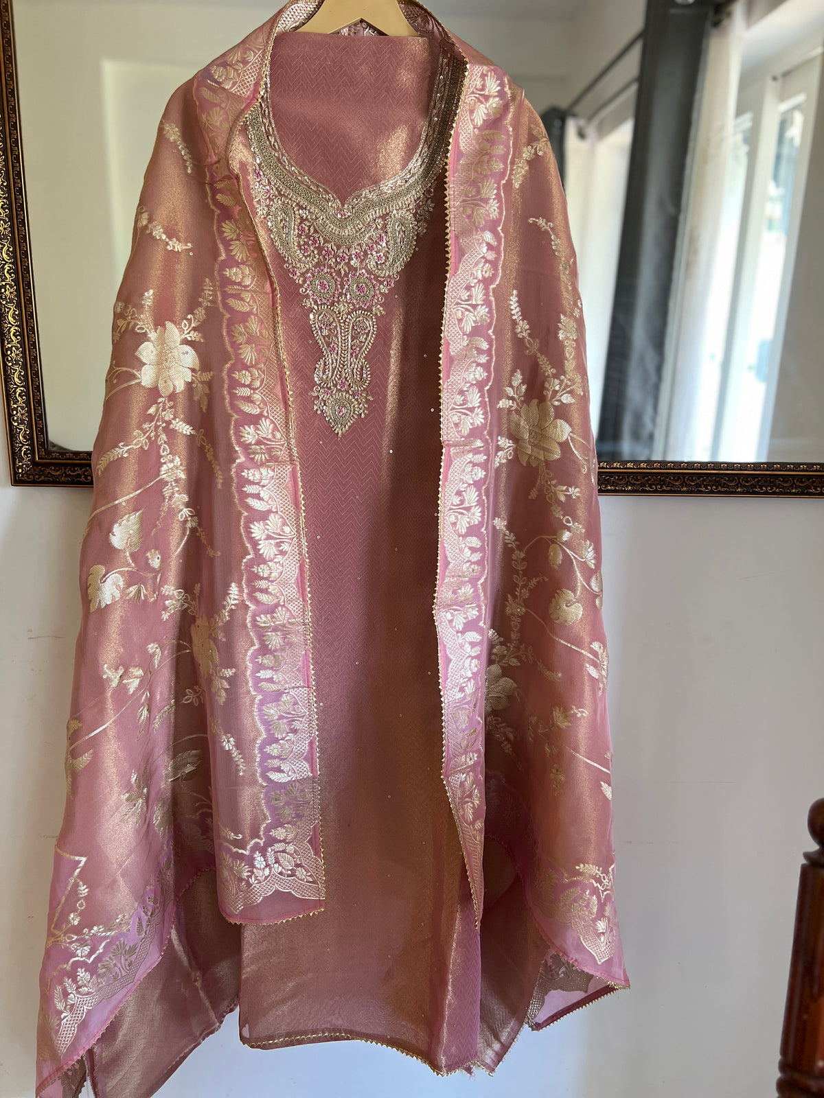 Antique Rose Gold Kanjivaram Tissue Unstitched Suit Set
