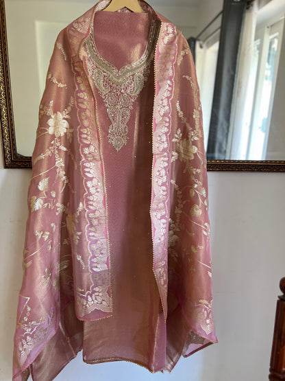 Antique Rose Gold Kanjivaram Tissue Unstitched Suit Set