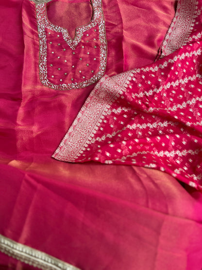 Shimmer Crepe Suit with Handcrafted Neck & Elegant Tissue Dupatta”