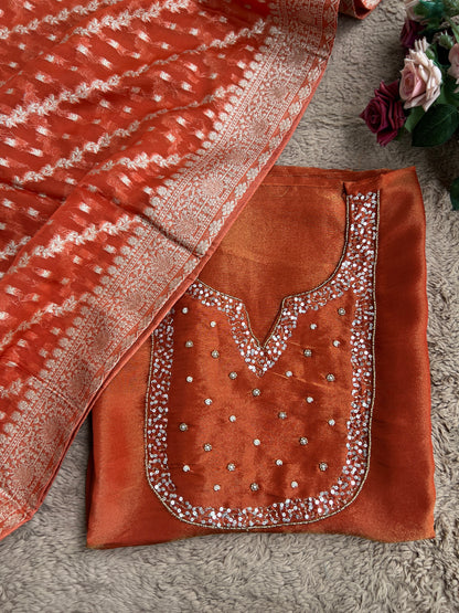 Shimmer Crepe Suit with Handcrafted Neck & Elegant Tissue Dupatta”