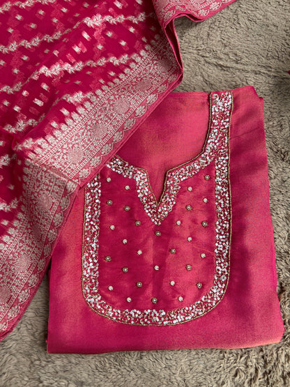 Shimmer Crepe Suit with Handcrafted Neck & Elegant Tissue Dupatta”