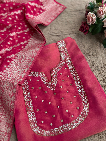 Shimmer Crepe Suit with Handcrafted Neck & Elegant Tissue Dupatta”