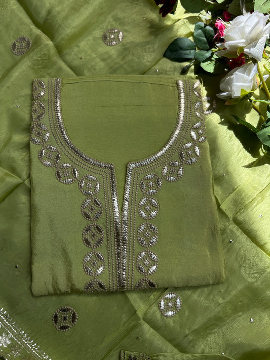 Radiant Pista Green Embroidered Elegance