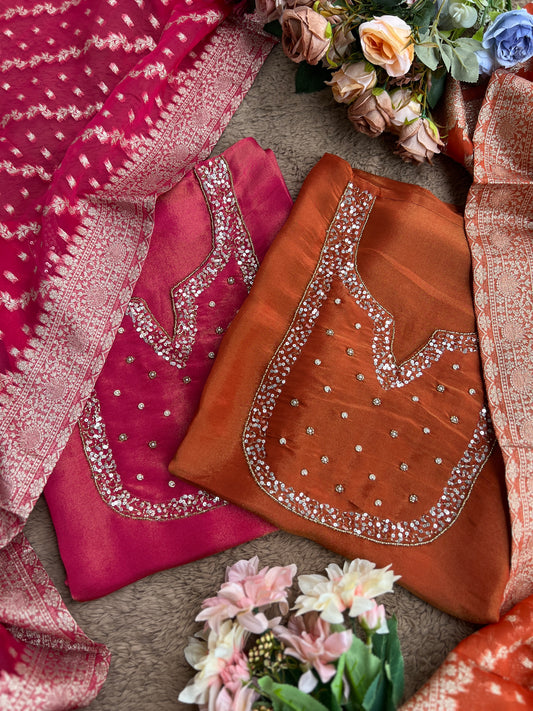Shimmer Crepe Suit with Handcrafted Neck & Elegant Tissue Dupatta”