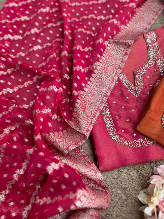 Shimmer Crepe Suit with Handcrafted Neck & Elegant Tissue Dupatta”