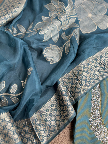 U-Neck Shimmer Silk Suit with Handwork & Floral Dola Silk Dupatta