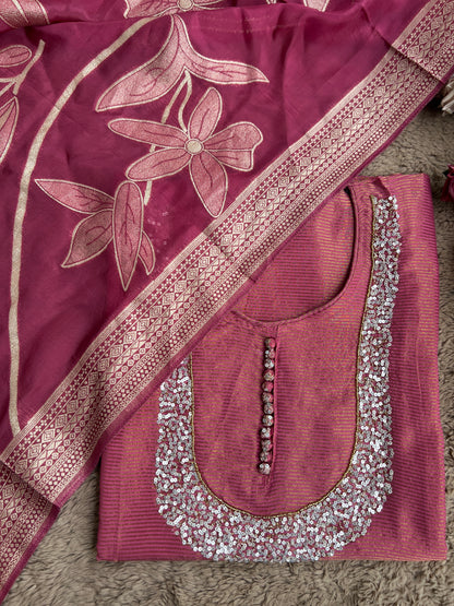 U-Neck Shimmer Silk Suit with Handwork & Floral Dola Silk Dupatta