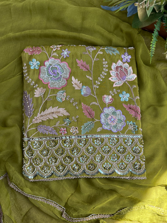 Floral Green Shimmer Silk Ensemble with Beaded Elegance