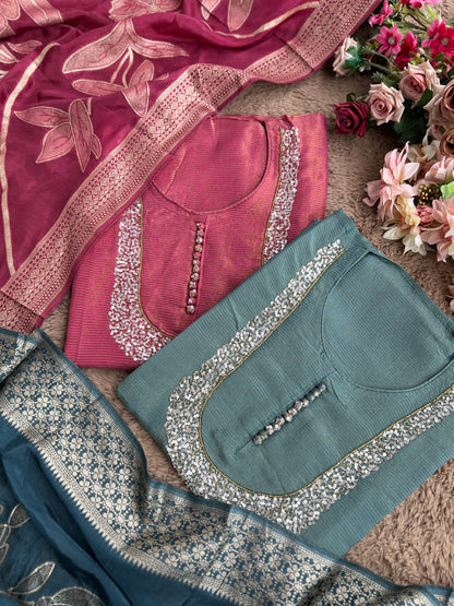 U-Neck Shimmer Silk Suit with Handwork & Floral Dola Silk Dupatta