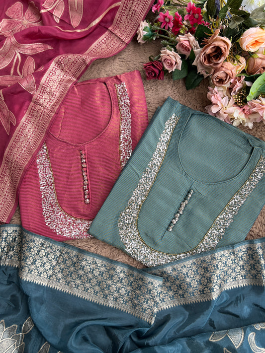 U-Neck Shimmer Silk Suit with Handwork & Floral Dola Silk Dupatta