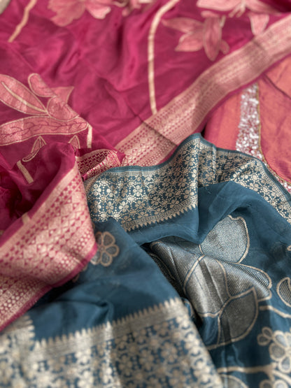 U-Neck Shimmer Silk Suit with Handwork & Floral Dola Silk Dupatta