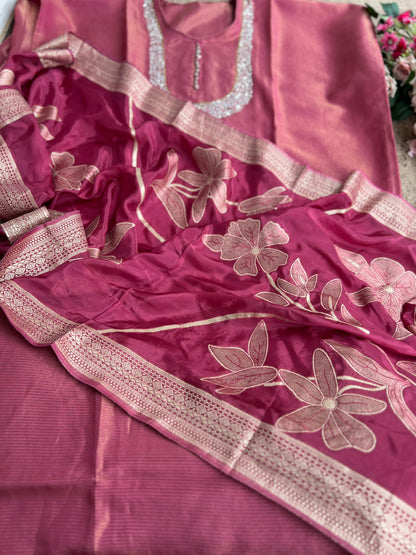 U-Neck Shimmer Silk Suit with Handwork & Floral Dola Silk Dupatta