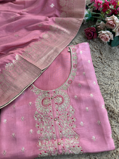 Shimmer Silk Suit with Intricate Embroidered Neck & Dola Banarasi Dupatta