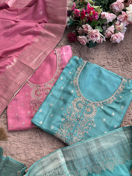 Shimmer Silk Suit with Intricate Embroidered Neck & Dola Banarasi Dupatta