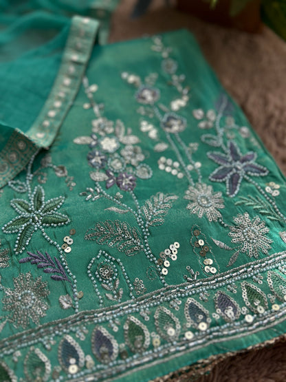Green Shimmer Silk Ensemble with Beaded Elegance