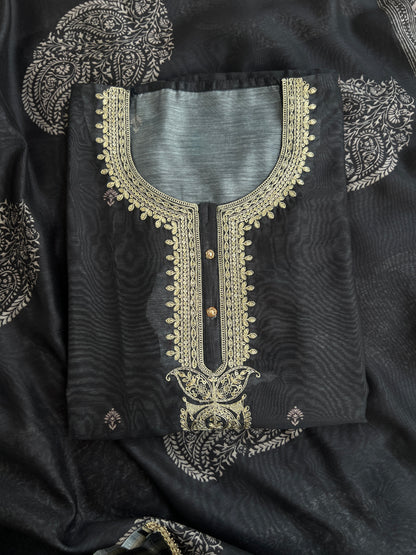 Graceful Black Chanderi Silk Suit with Intricate Coding Neck Works