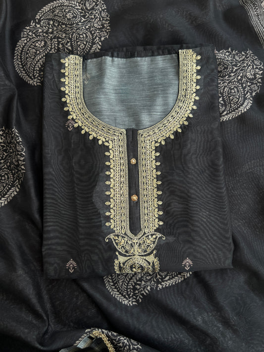 Graceful Black Chanderi Silk Suit with Intricate Coding Neck Works