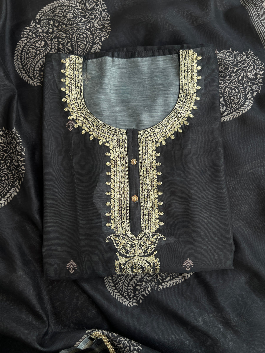 Graceful Black Chanderi Silk Suit with Intricate Coding Neck Works