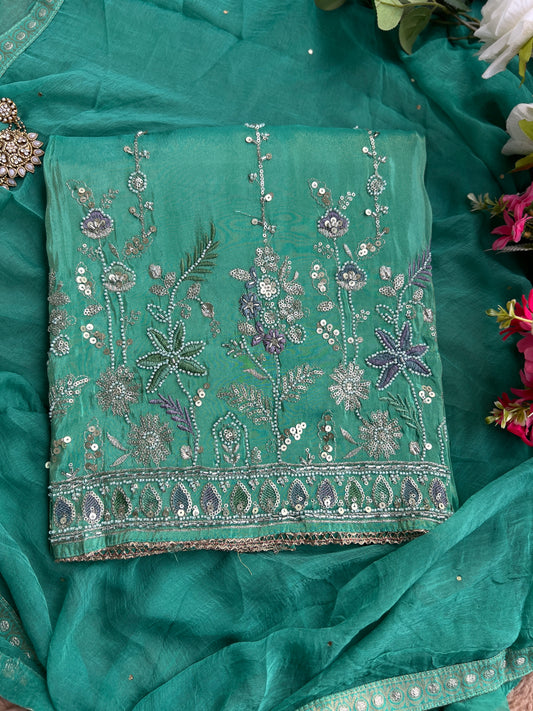 Green Shimmer Silk Ensemble with Beaded Elegance