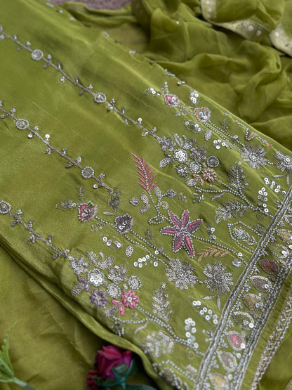 Radiant Shimmer Silk Ensemble with Beaded Elegance