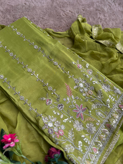 Radiant Shimmer Silk Ensemble with Beaded Elegance