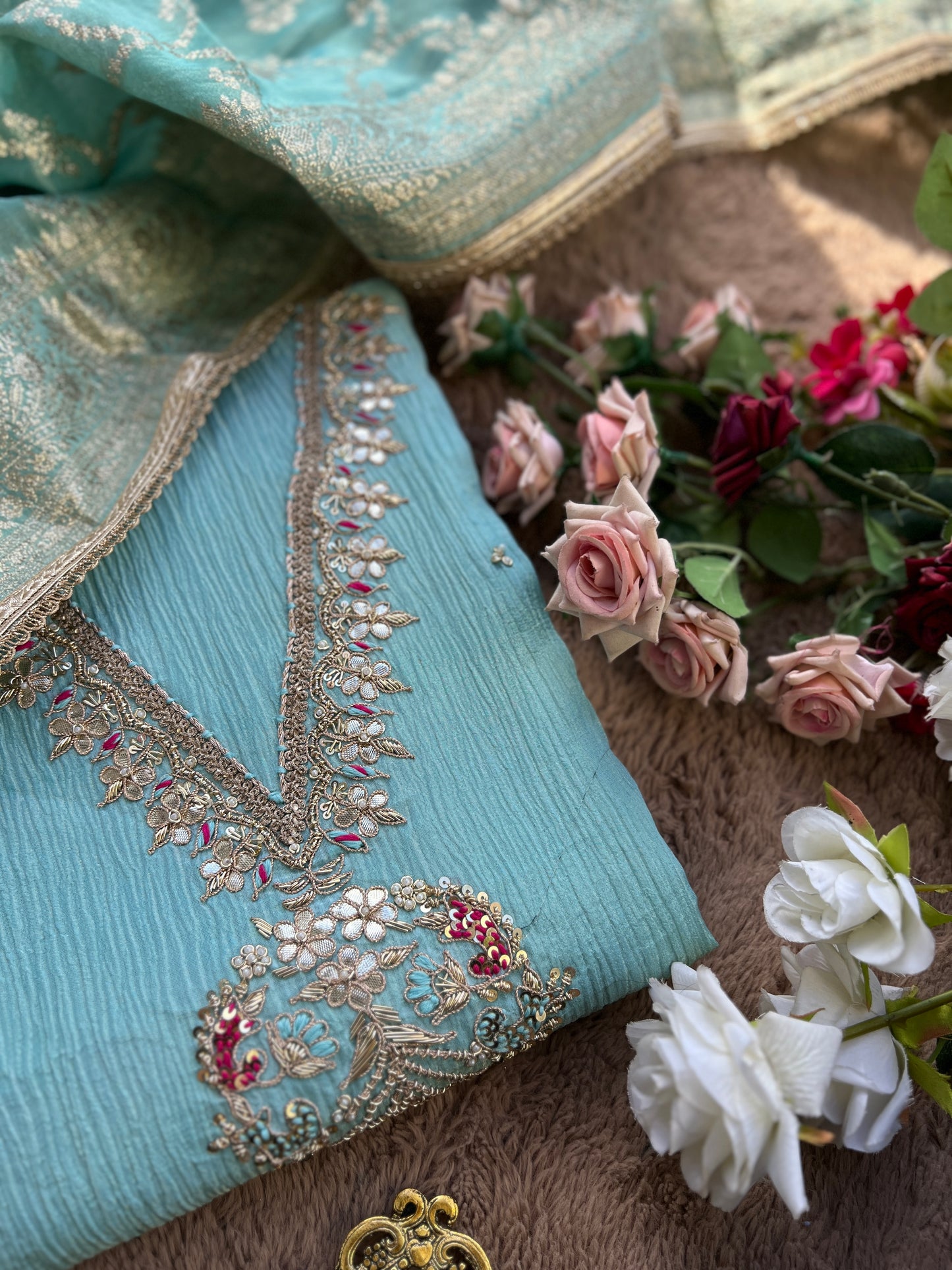 Exquisite Crushed Shimmer Silk Tissue Ensemble with Elegant Handwork