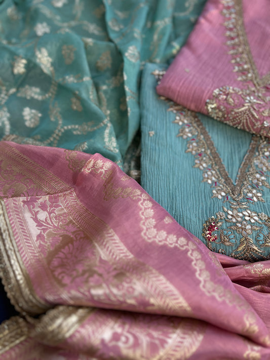 Exquisite Crushed Shimmer Silk Tissue Ensemble with Elegant Handwork