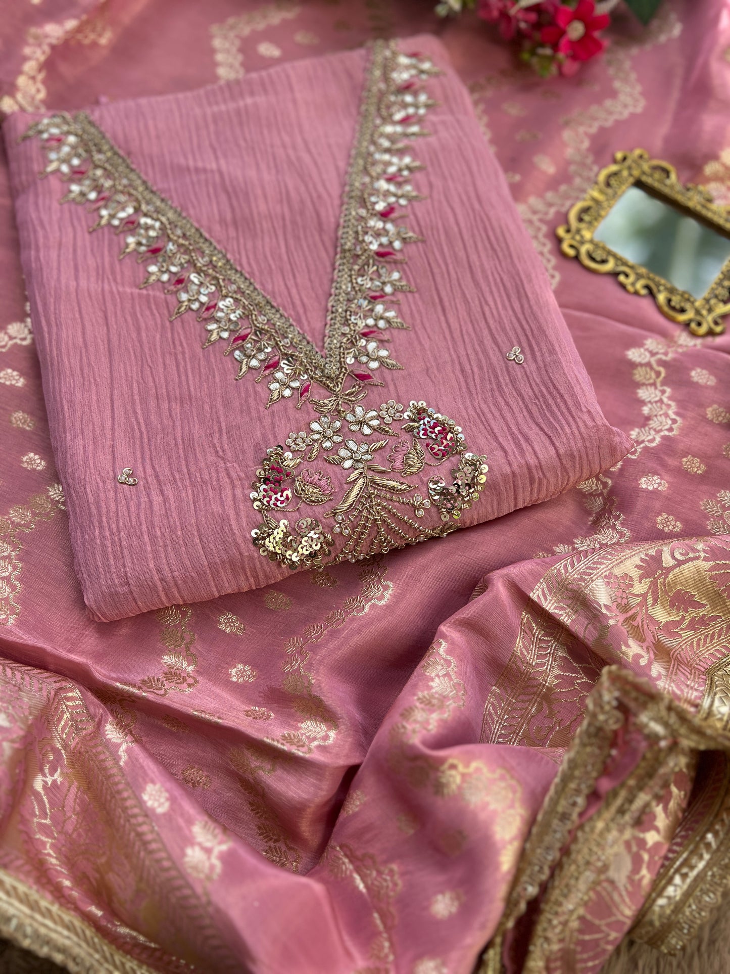 Exquisite Crushed Shimmer Silk Tissue Ensemble with Elegant Handwork