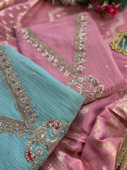 Exquisite Crushed Shimmer Silk Tissue Ensemble with Elegant Handwork