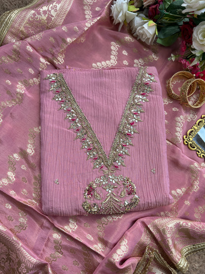 Exquisite Crushed Shimmer Silk Tissue Ensemble with Elegant Handwork