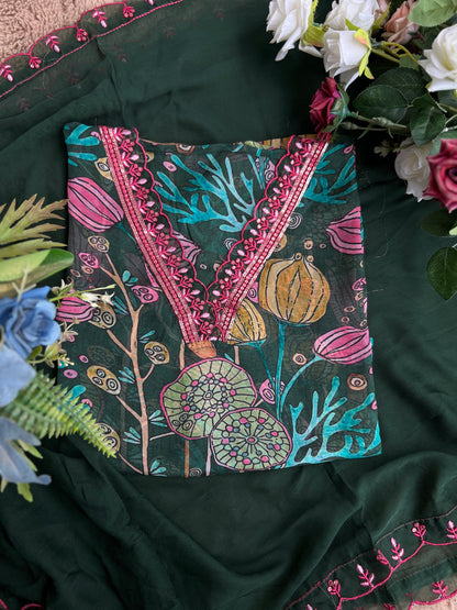 V Neck Green pink  Floral Semistiched Salwar Suit