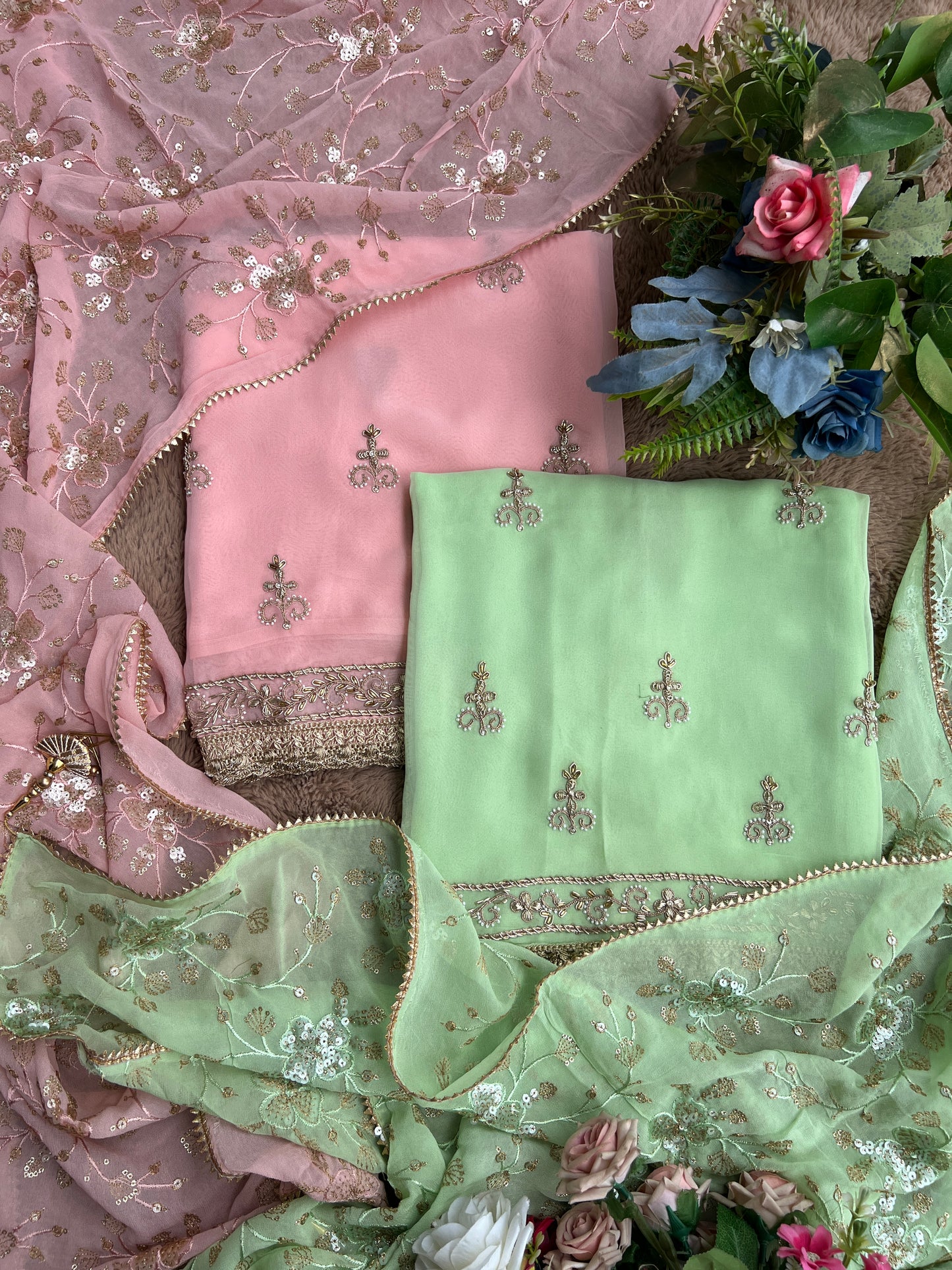 Dazzling Georgette Handwork Suit with a Show-Stopping Dupatta Ensemble