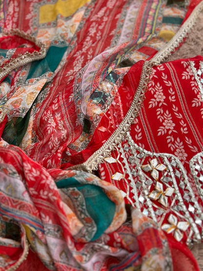 Floral Printed Crepe Gotapatti Suit with Chiffon Dupatta Ensemble