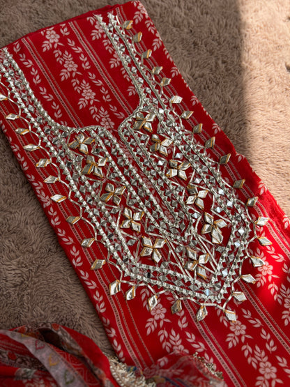 Floral Printed Crepe Gotapatti Suit with Chiffon Dupatta Ensemble