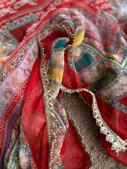 Floral Printed Crepe Gotapatti Suit with Chiffon Dupatta Ensemble