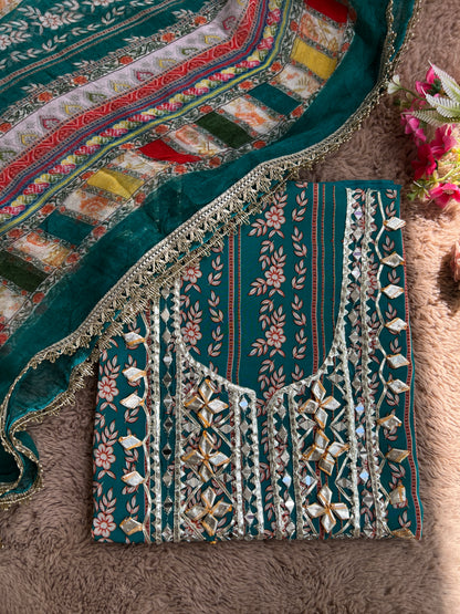 Floral Printed Crepe Gotapatti Suit with Chiffon Dupatta Ensemble