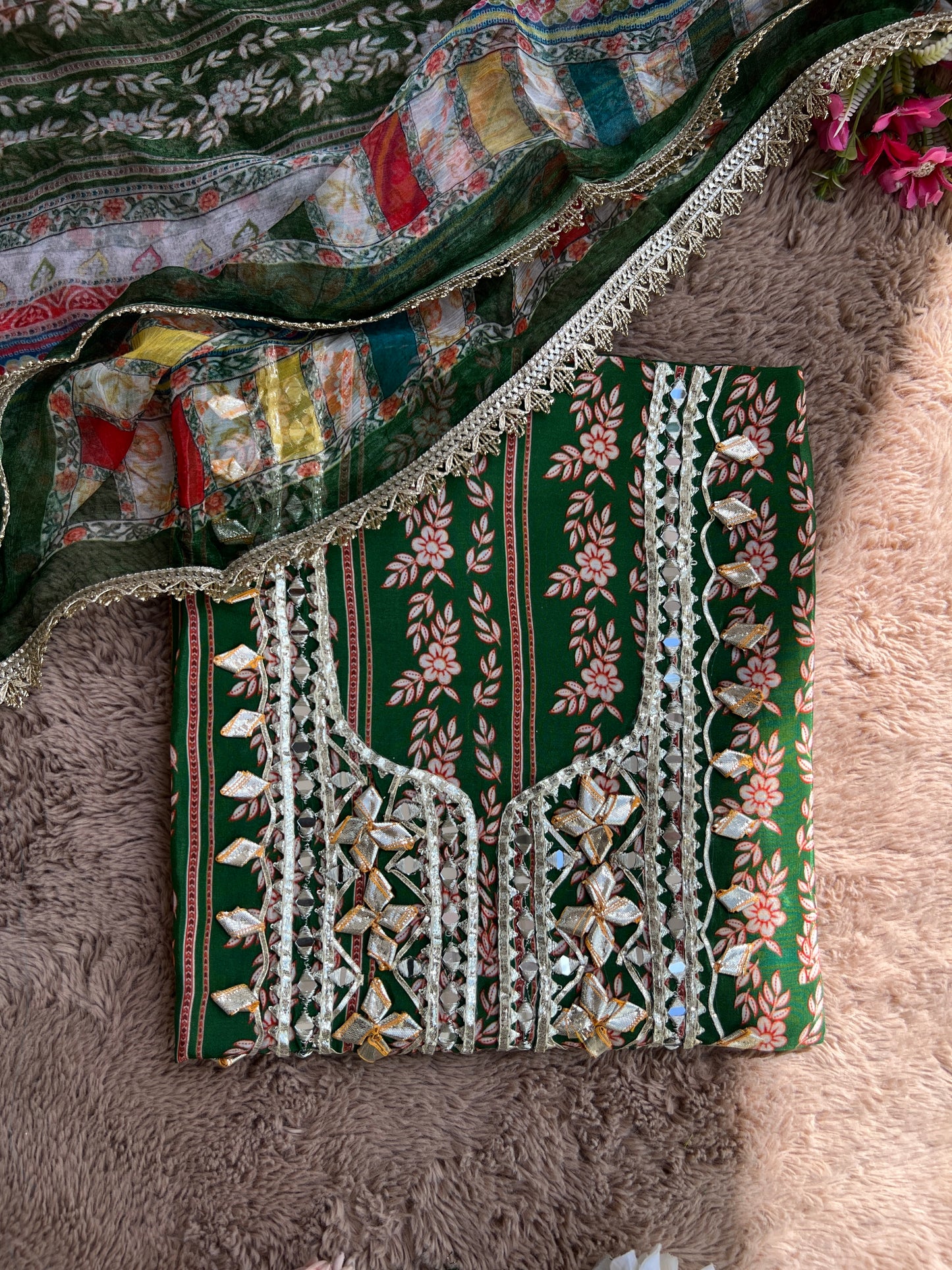 Floral Printed Crepe Gotapatti Suit with Chiffon Dupatta Ensemble