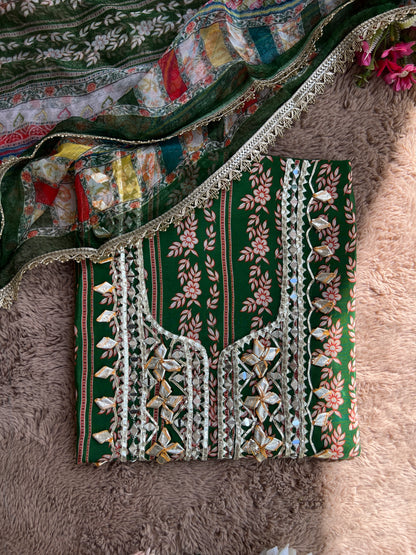 Floral Printed Crepe Gotapatti Suit with Chiffon Dupatta Ensemble