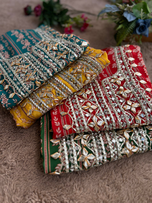 Floral Printed Crepe Gotapatti Suit with Chiffon Dupatta Ensemble