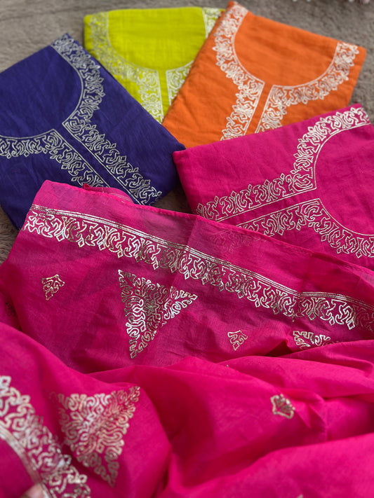 Vibrant Mal Chanderi Suits with Elegant Pitta Work Detailing
