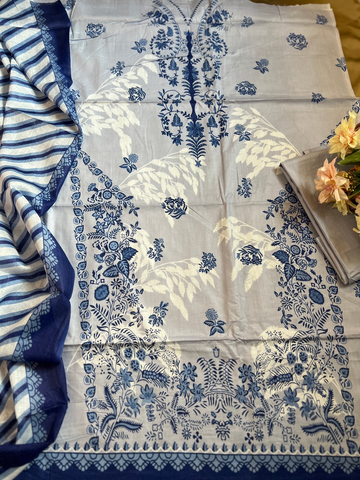 Elegant Blue & White Printed Suit Set with Striped Dupatta