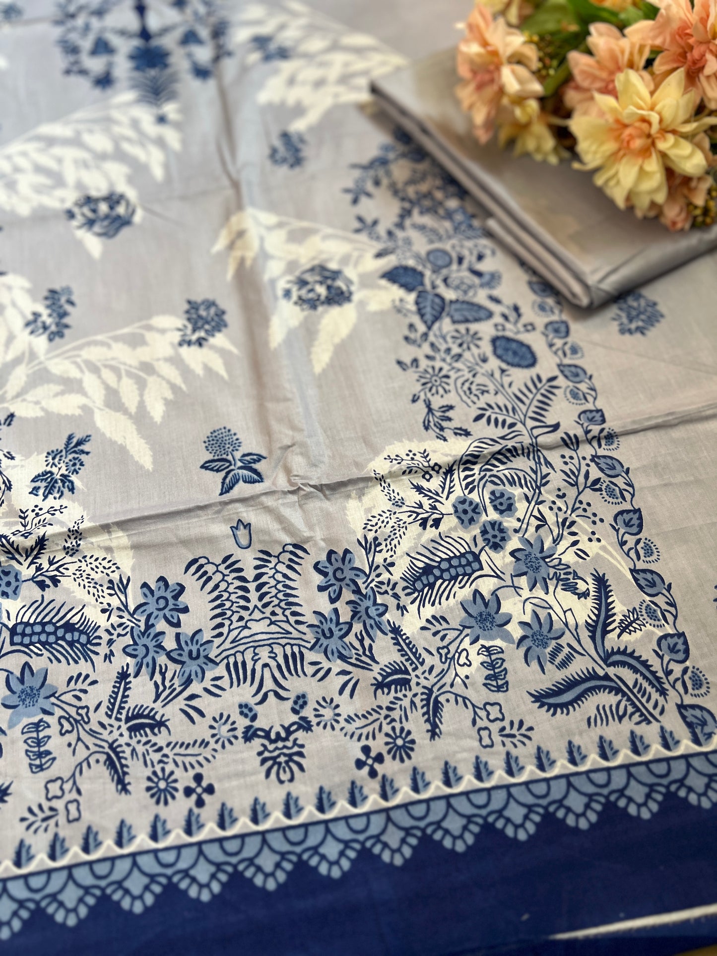 Elegant Blue & White Printed Suit Set with Striped Dupatta